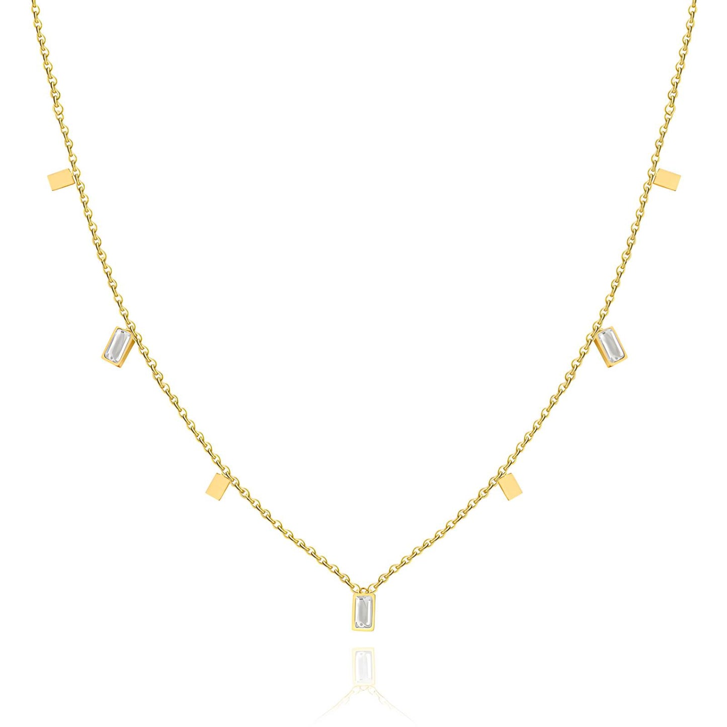 Gold necklace with rectangular Cubic zirconia stones on a white background