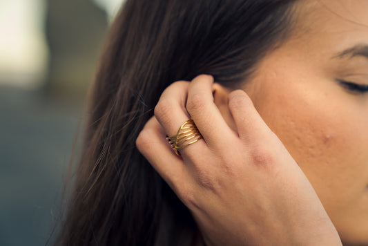 Close-up of a person wearing a gold ring on their finger, with a blurred background.