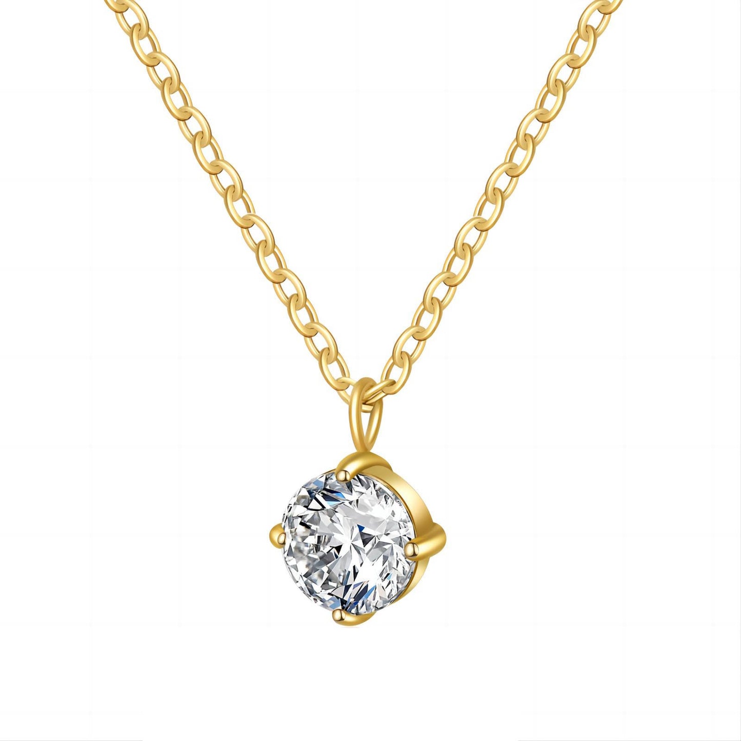 Gold necklace with acubic zirconia stone pendant on a white background