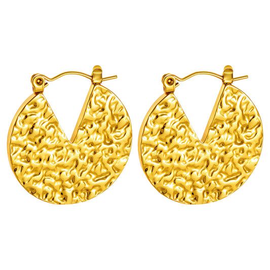 Pair of gold hoop earrings with textured design on a white background