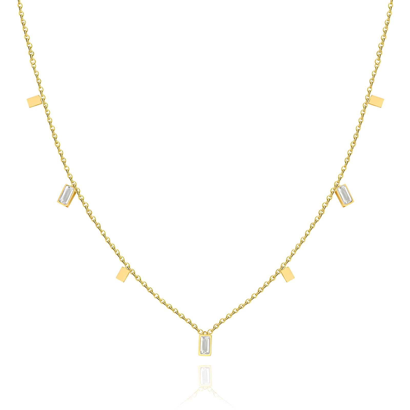 Gold necklace with rectangular  Cubic zirconia stones on a white background