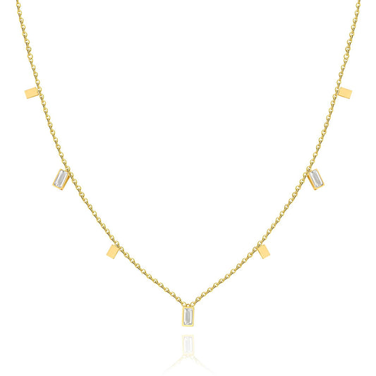 Gold necklace with rectangular  Cubic zirconia stones on a white background