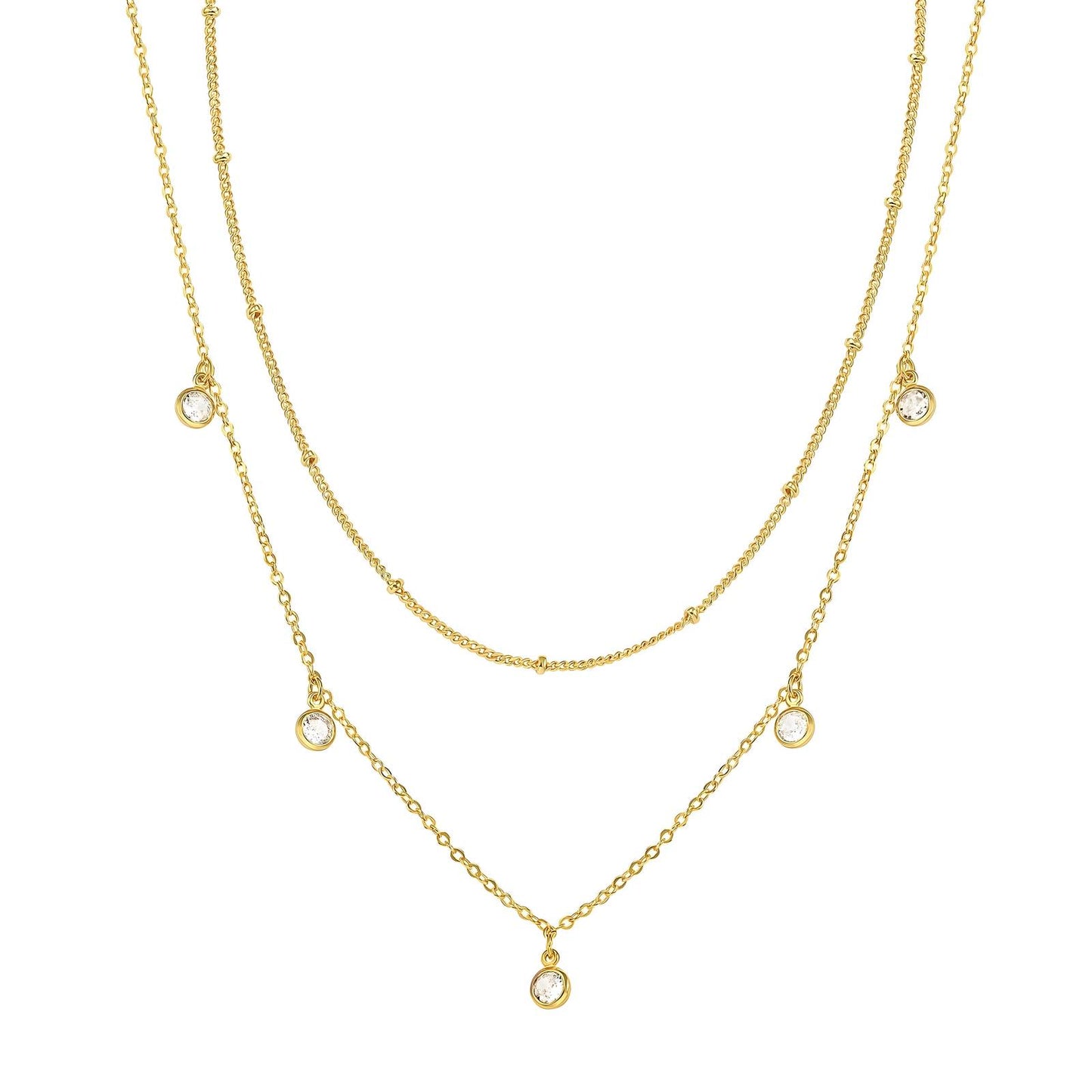 Dual gold layer necklaces on a white background