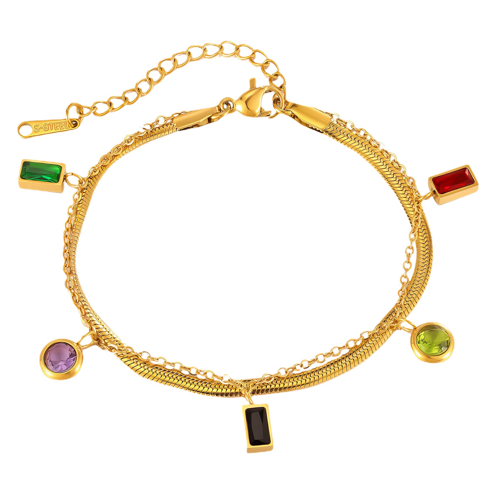 Gold bracelet with colorful gemstone charms on a white background