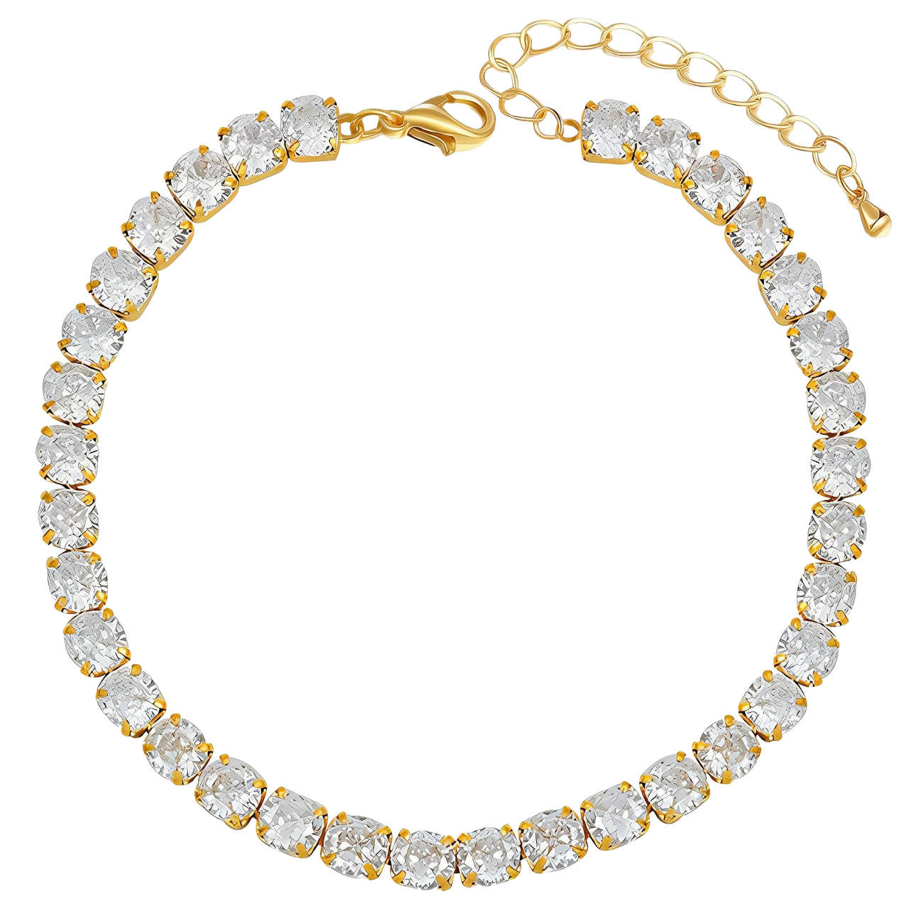 Gold Tennis bracelet with clear cubic zirconia stones on a white background