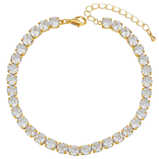 Gold Tennis bracelet with clear cubic zirconia stones on a white background