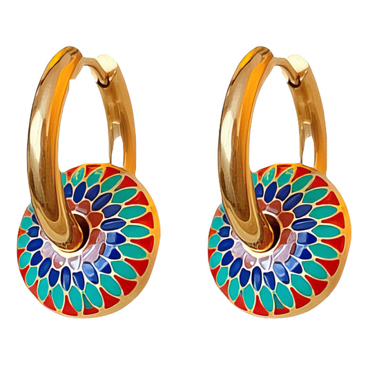 Kaleidora hoop earrings with gold and colorful circular designs on a white background