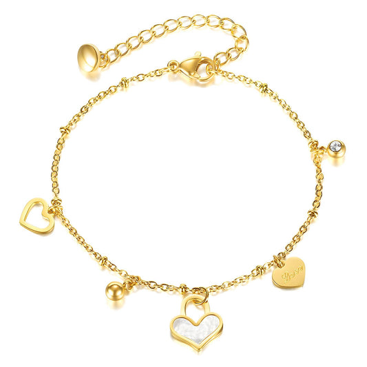 Gold bracelet with heart-shaped charms on a white background