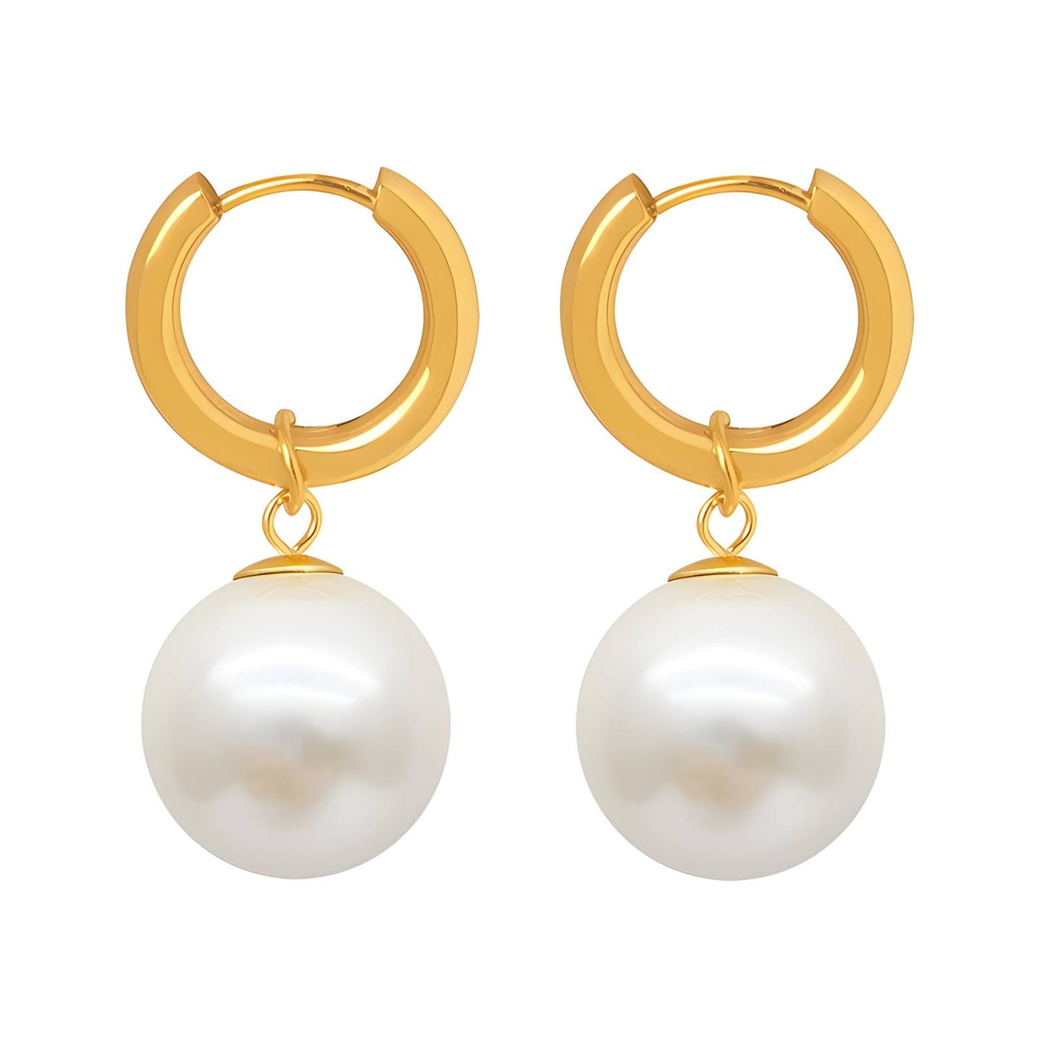 Gold hoop earrings with white pearls on a white background