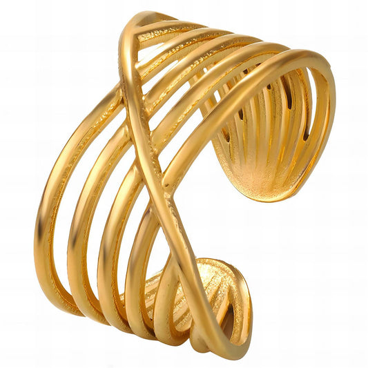 Gold ring with a twisted design and adjustable size on a white background
