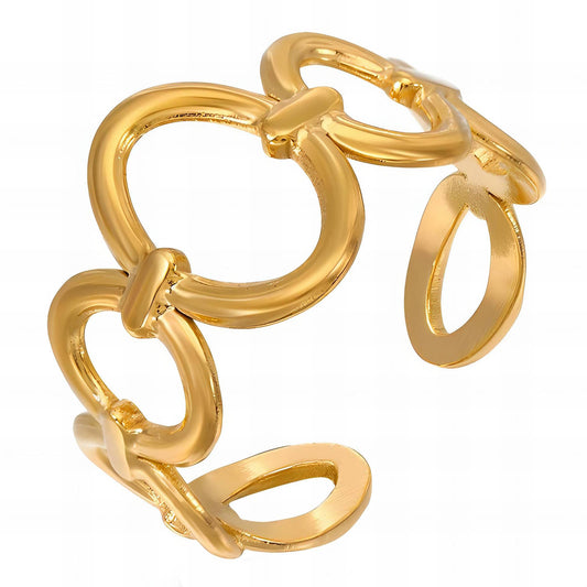 Gold ring with interlocking oval rings with adjustable size.