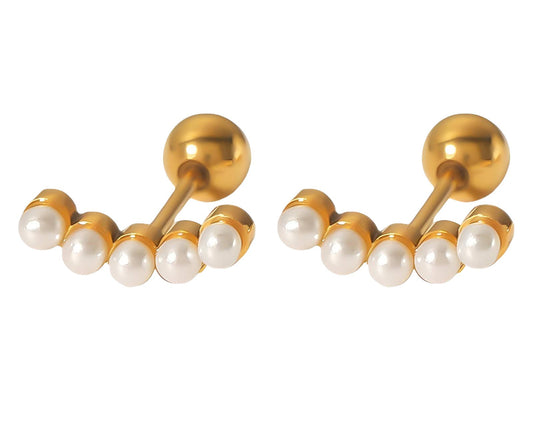 Pair of gold plated earrings with pearls on a white background