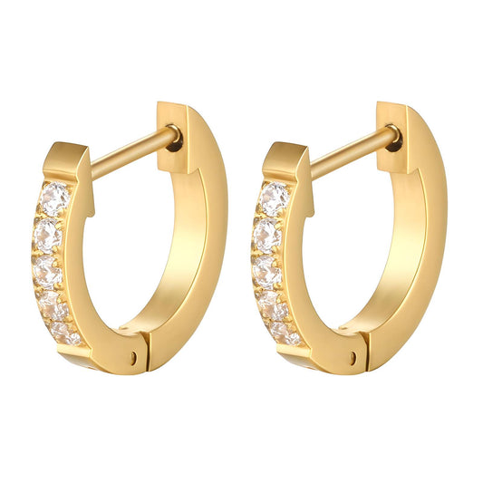 Gold hoop earrings with Cubic zirconia on a white background