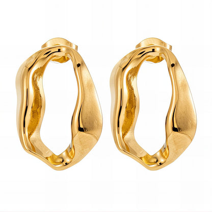 Pair of  Wave Aura gold hoop earrings on a white background