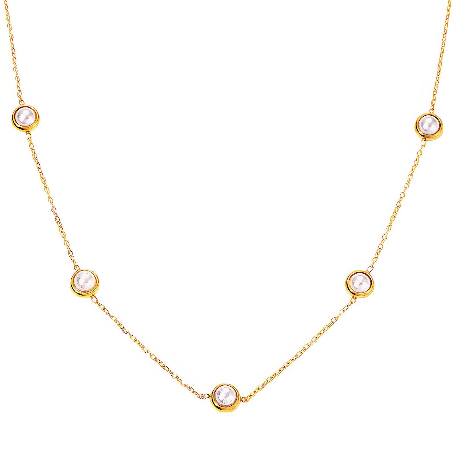 Gold Plate Necklace with Pearl imitation beads on a white background